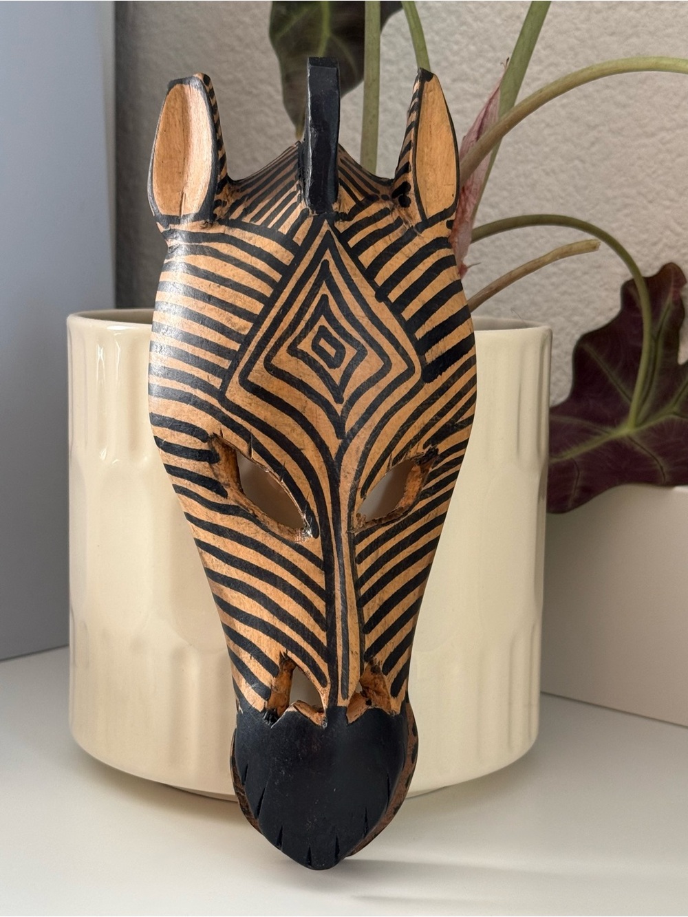 Hand Carved Made in Kenya Wooden Zebra Mask Wall Accent in Black and Natural